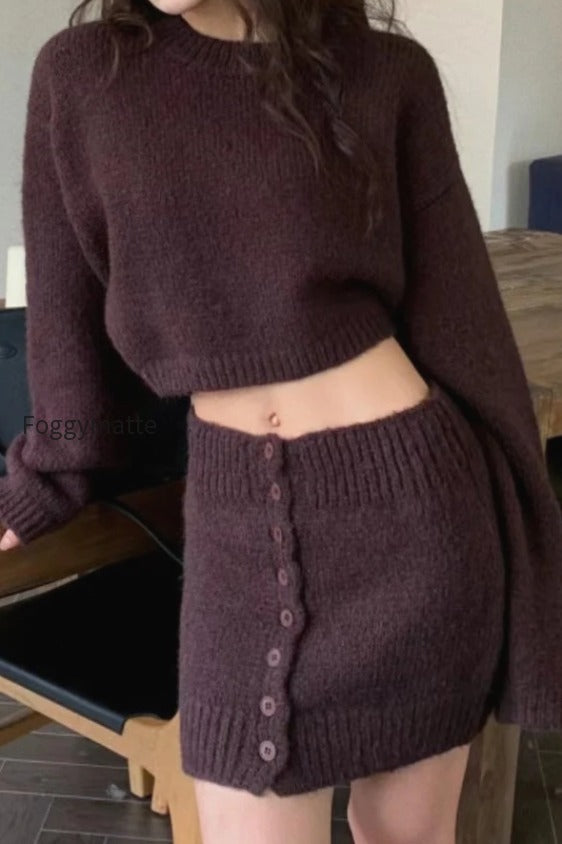 Short Fitted Knit Round Neck Slim Two Piece Set