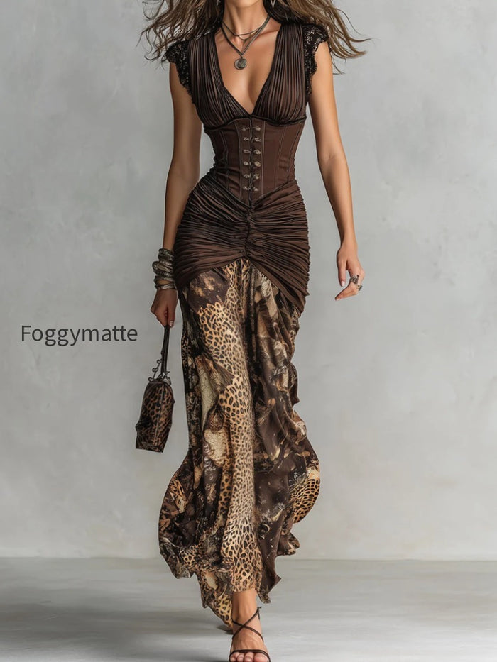 Vintage Corset Leopard Print Pleated Maxi Dress