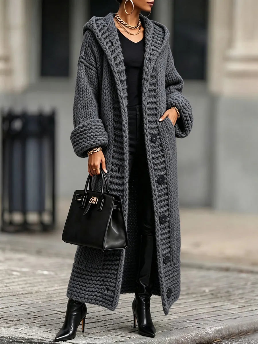 Casual, Relaxed-fit, Long, Chunky-knit Hooded Cardigan