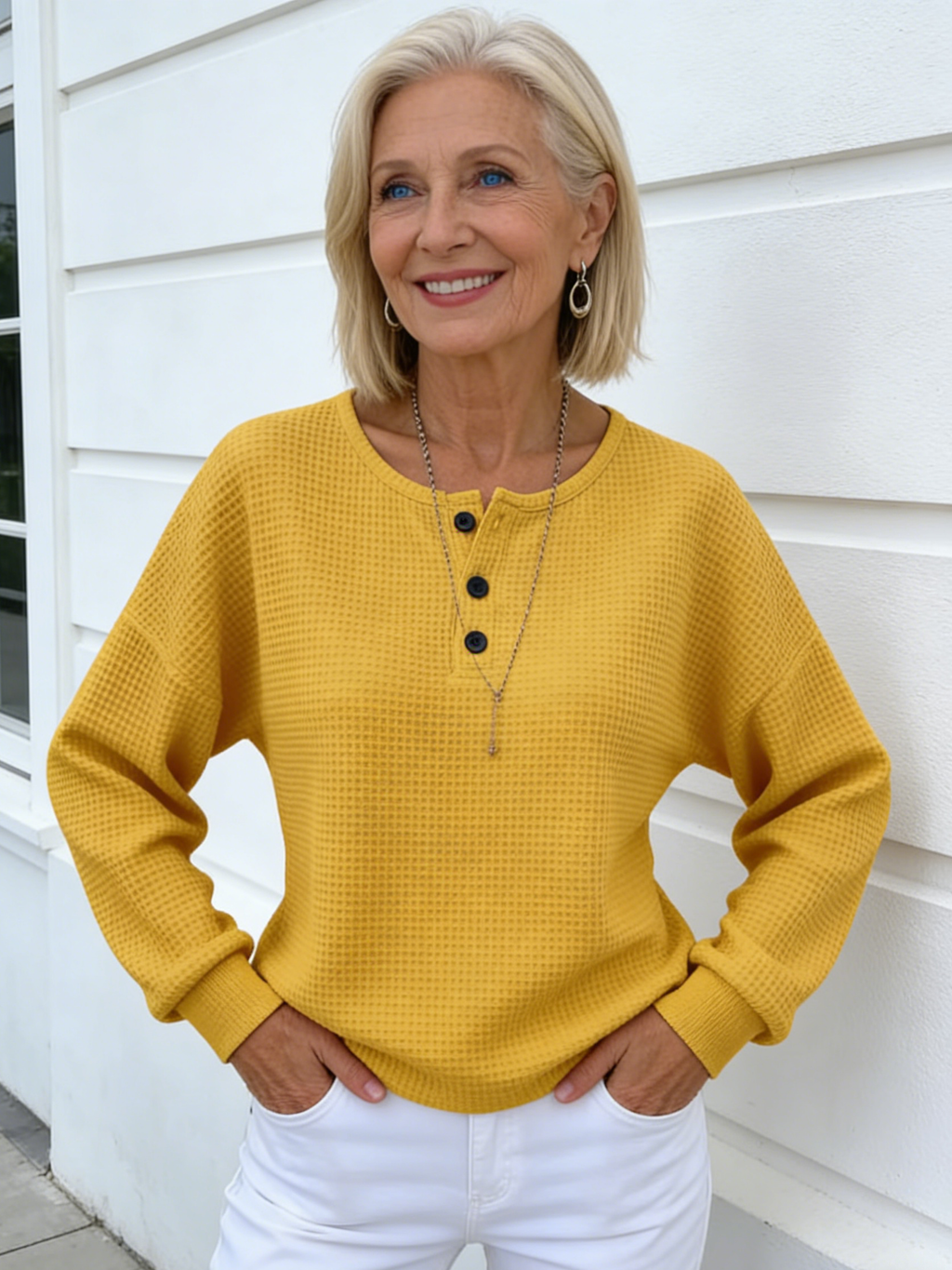 Crew Neck Waffle Solid Color Pullover Loose Top