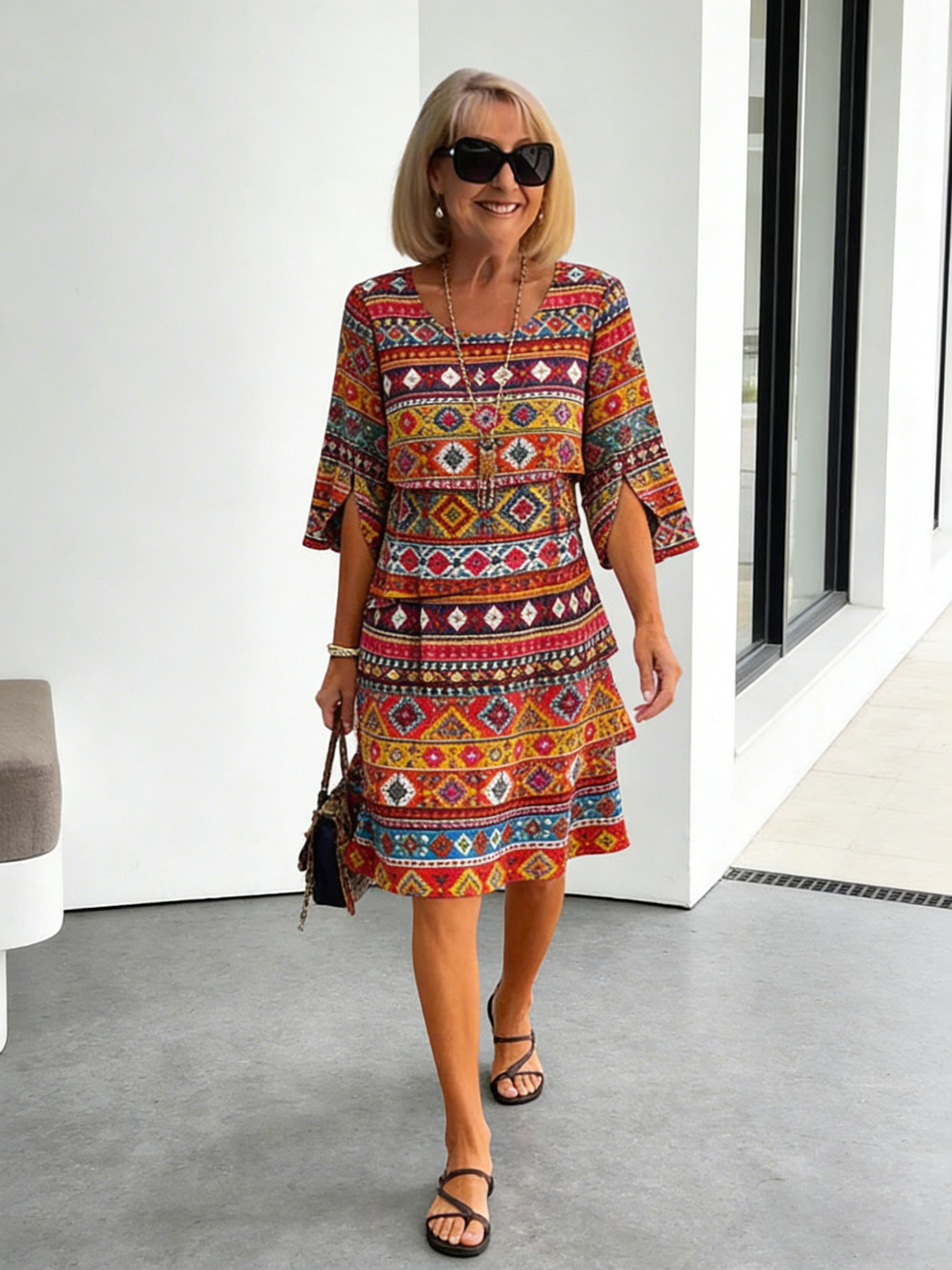 Chiffon Paisley Vacation Prints Color Round Neck Cake Skirt Splicing Dress Mid-length