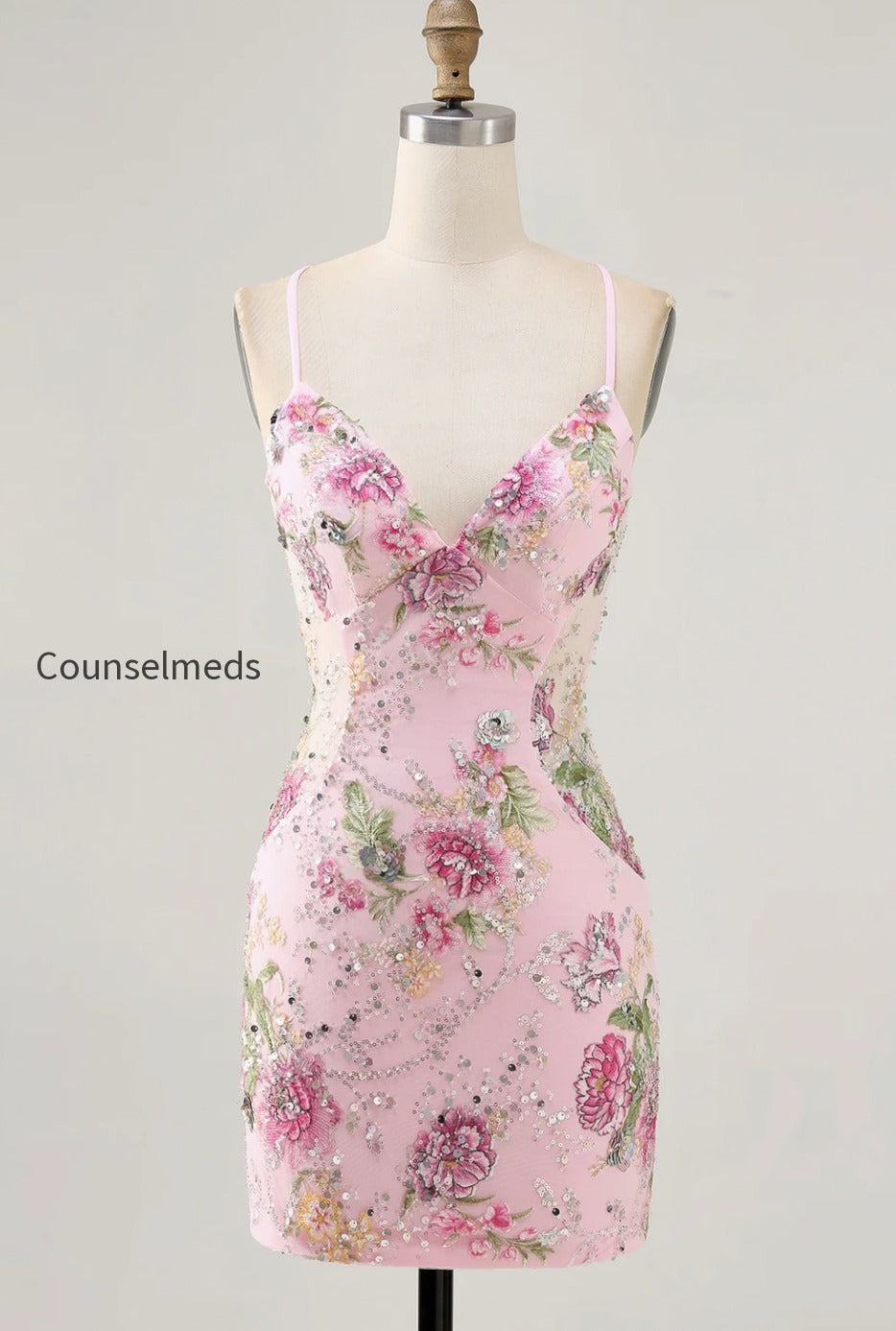 sparkly-pink-beaded-floral-short-tight-homecoming-dress-with-sequins