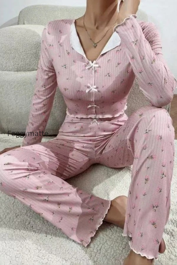 bow-collar-cuffed-print-pajama-set
