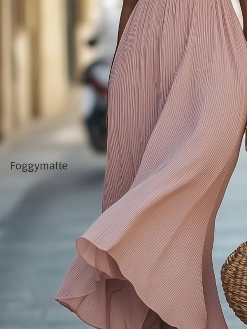 halter-neck-waist-gathers-pleated-maxi-dress