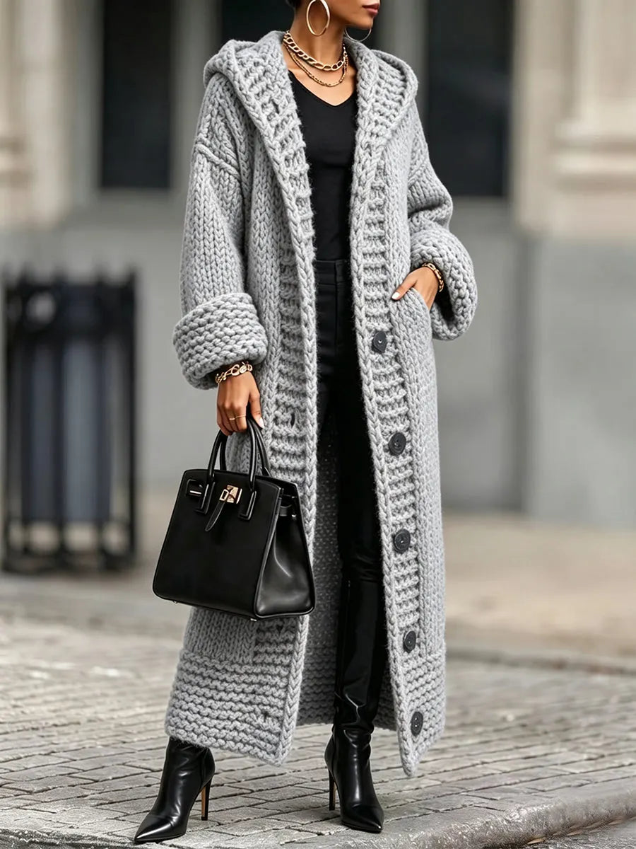 Casual, Relaxed-fit, Long, Chunky-knit Hooded Cardigan
