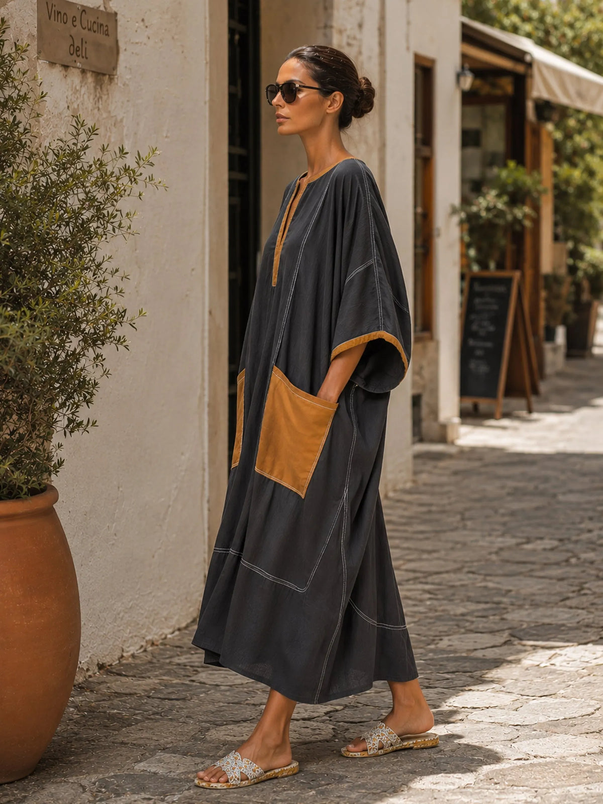 Women’s Contrast Trim Oversized Kaftan Dress With Utility Pockets