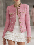 Designer Pink Tweed Patchwork White Trim Button Jacket