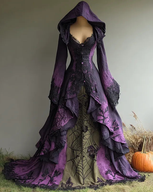 Halloween Irregular Gradient Spiderweb Embroidered Hooded Evening Dress 1db4
