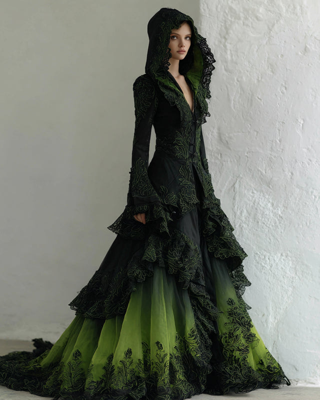 Halloween Gradient Irregular Ruffle Lace Hooded Linen Evening Dress 8b1c