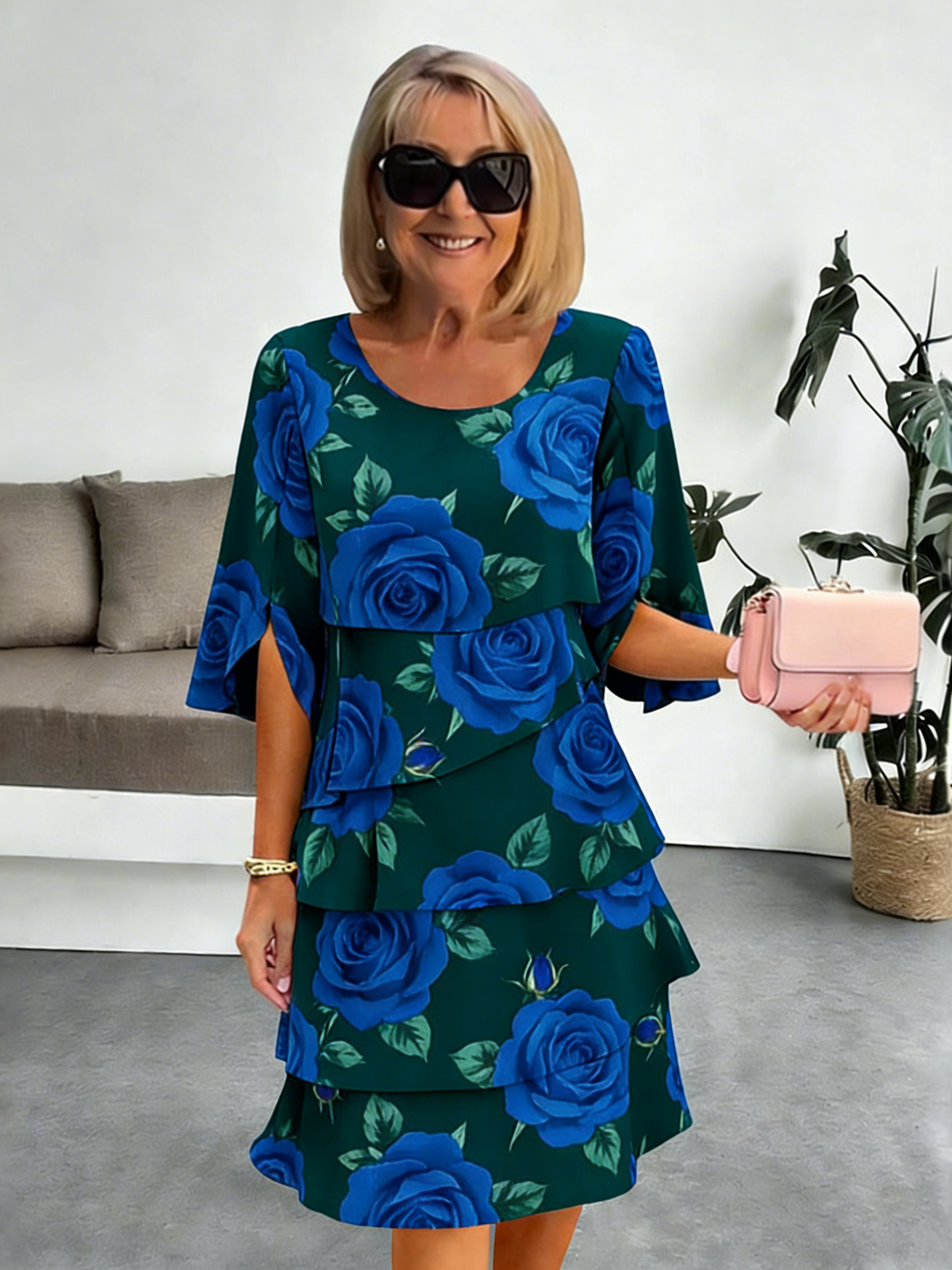 Chiffon Vacation Prints Color Round Neck Cake Skirt Splicing Dress Mid-length