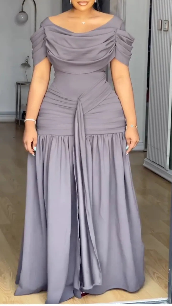 Elegant Draped Off-the-Shoulder Maxi Dress with Ruched Bodice for Formal Events & Evening Wear