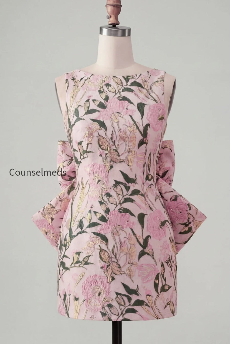 floral-pink-green-tight-boat-neck-short-homecoming-dress-with-bow