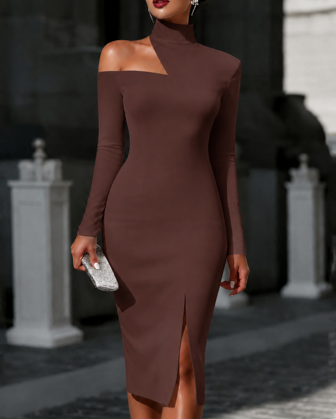 Off-the-shoulder High-neck Slim-fit Solid Color Dress Party Dress