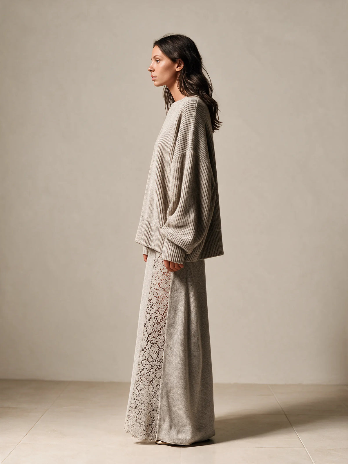 Women's Oversized Rib Knit Sweater & Lace Panel Maxi Skirt Set