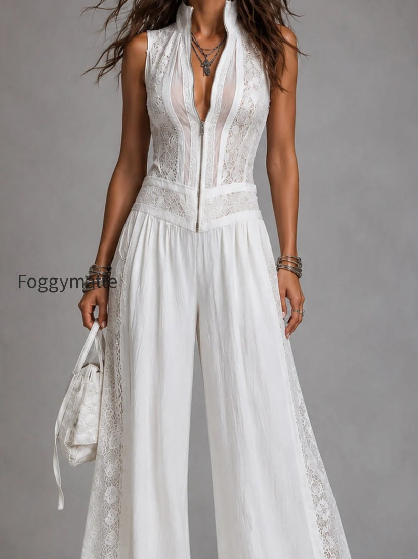 retro-stand-collar-tencel-wide-leg-jumpsuit-with-lace-trim