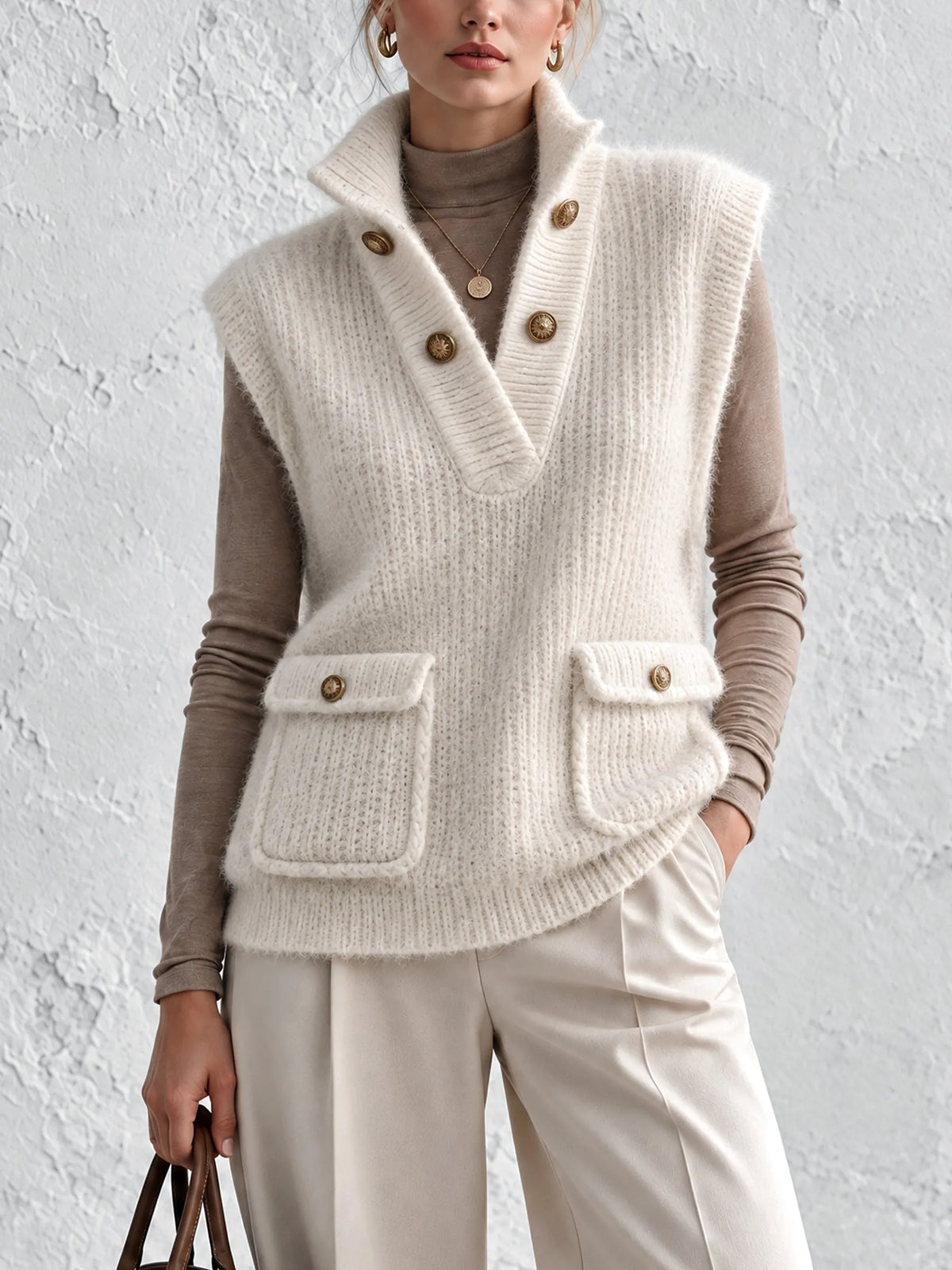 Women's Soft Knit Sweater Vest With Shawl Collar & Utility Pockets