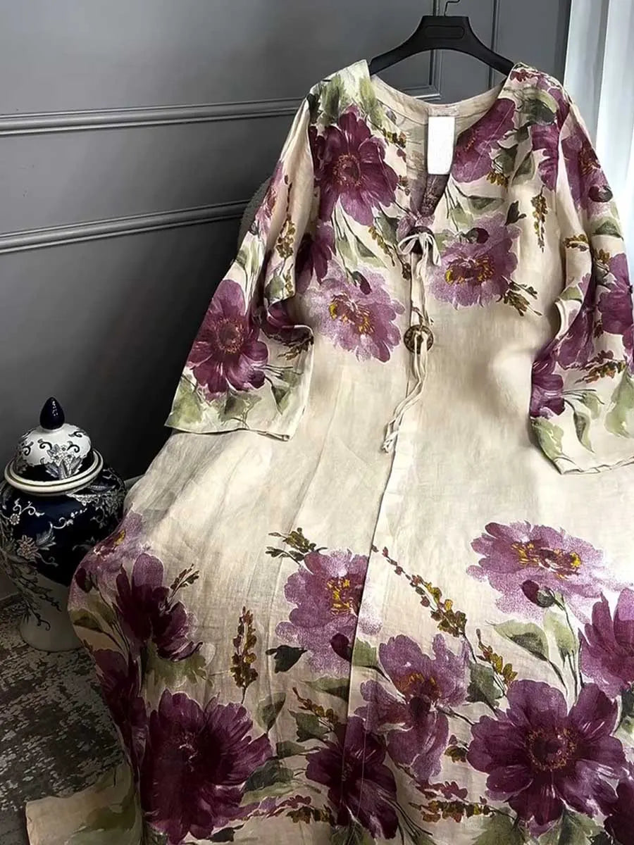 Women's V-neck Long Sleeve Vintage Positioning Print Casual Loose Cotton and Linen Dress
