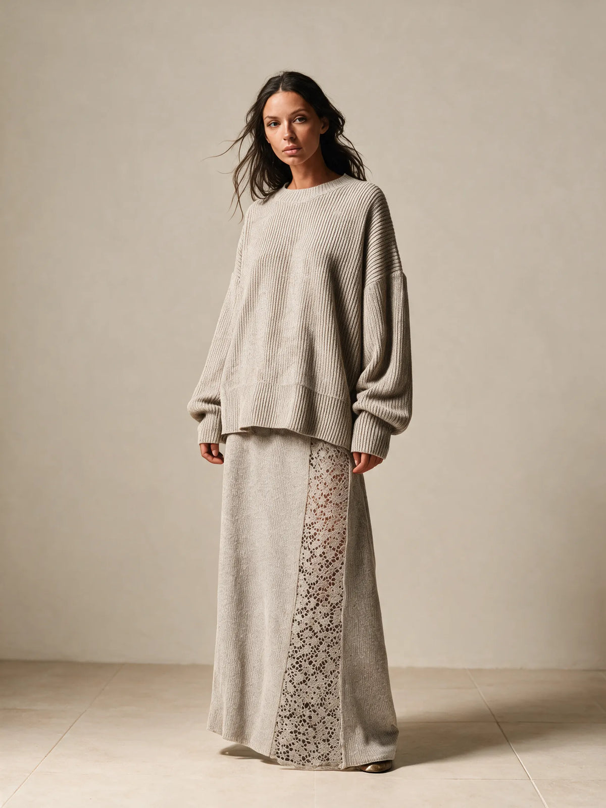 Women's Oversized Rib Knit Sweater & Lace Panel Maxi Skirt Set