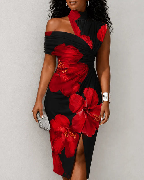 Vivid Red Flower One-shoulder Draped Asymmetrical Midi Dress