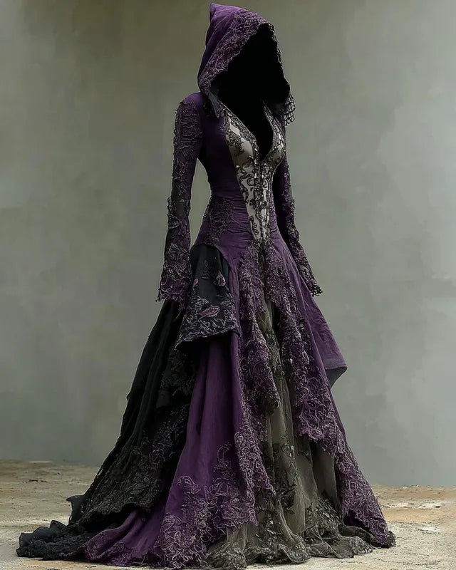 Halloween Irregular Embroidered Lace Patchwork Hooded Linen Evening Dress e535