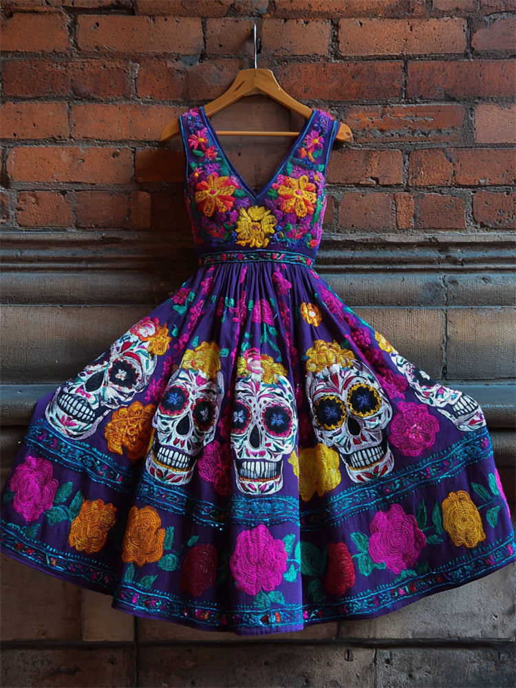 Day Of The Dead Sugar Skulls Floral Embroidered Linen Evening Dress