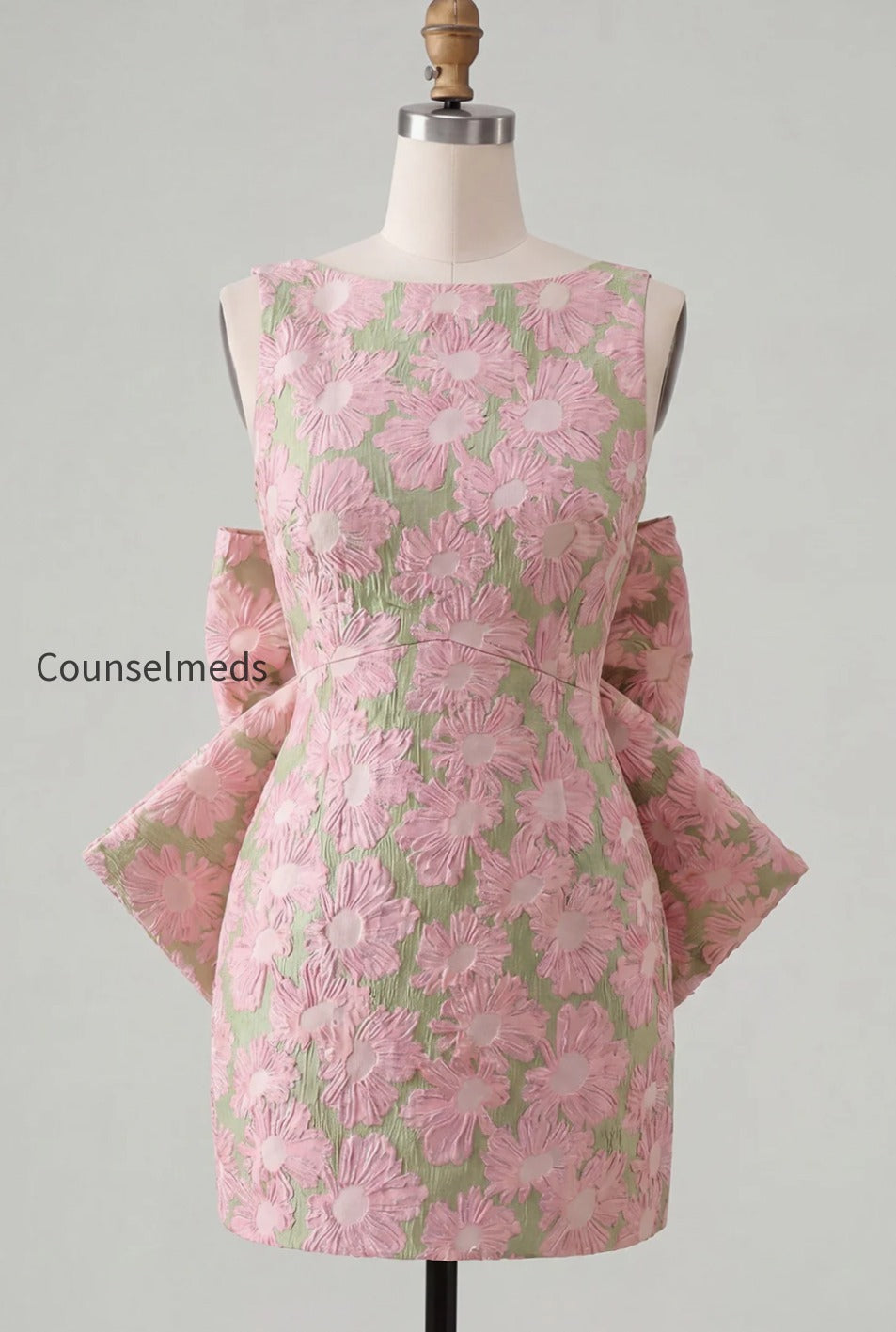 floral-pink-green-tight-boat-neck-short-homecoming-dress-with-bow