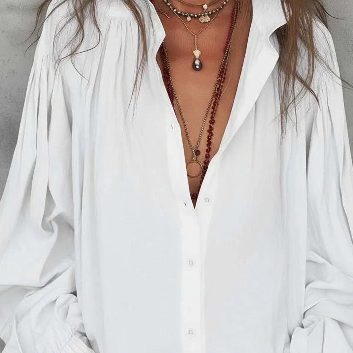 Cotton Long Sleeve Loose White Blouse With Puff Sleeves And Deep V-Neckline For Women