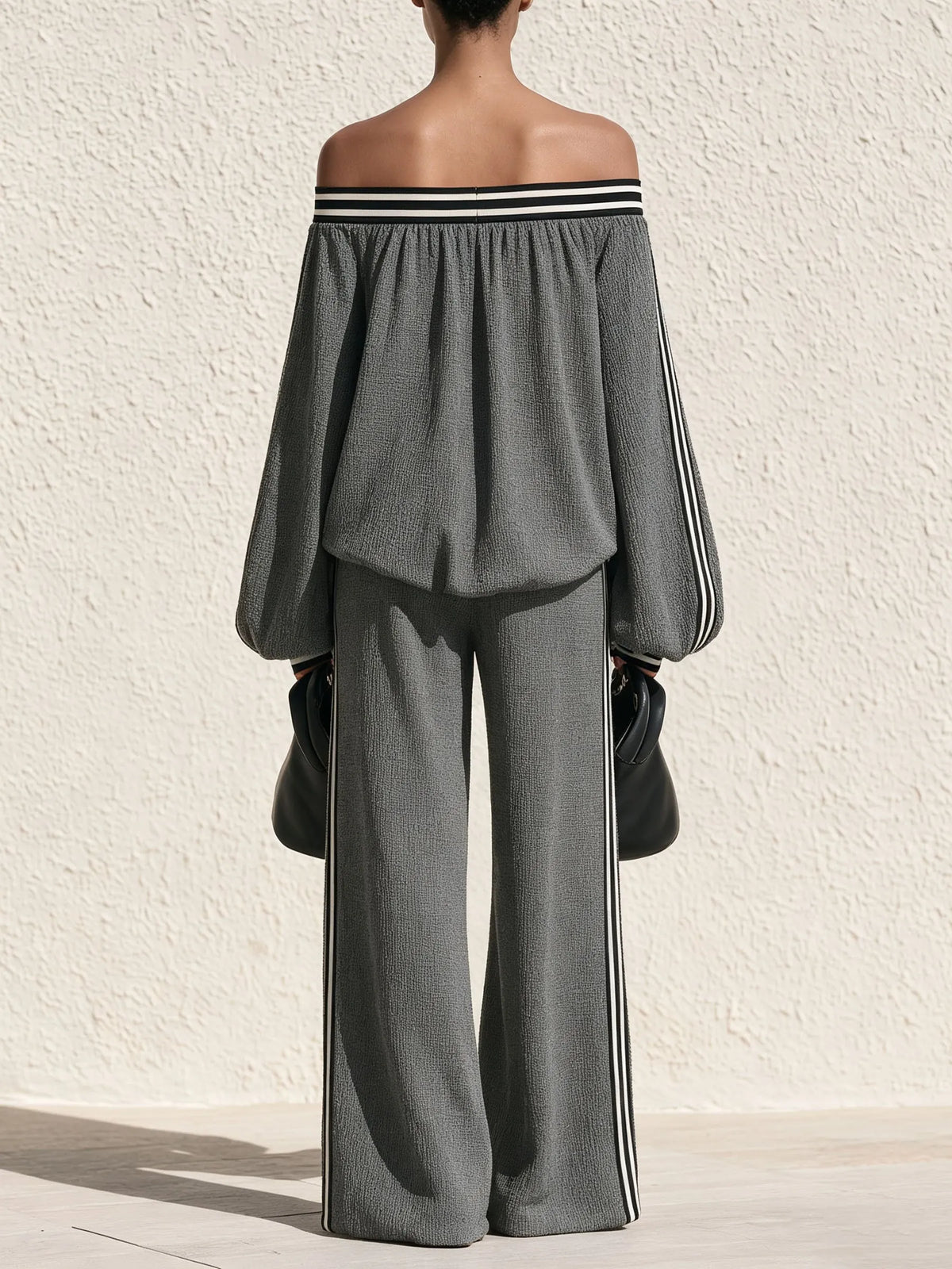 Off‐Shoulder Striped Trim Textured Two‐Piece Pants Set