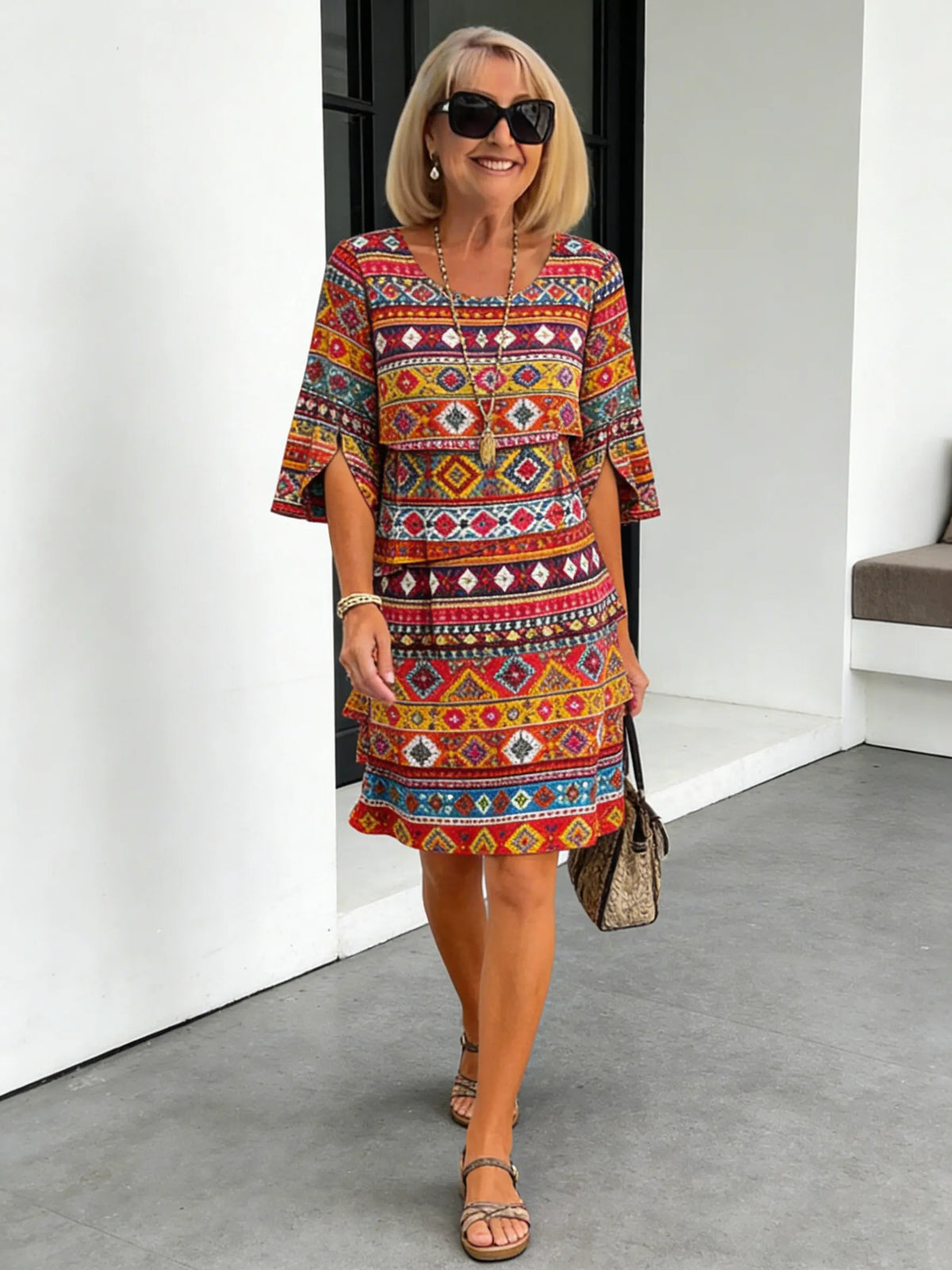 Chiffon Paisley Vacation Prints Color Round Neck Cake Skirt Splicing Dress Mid-length