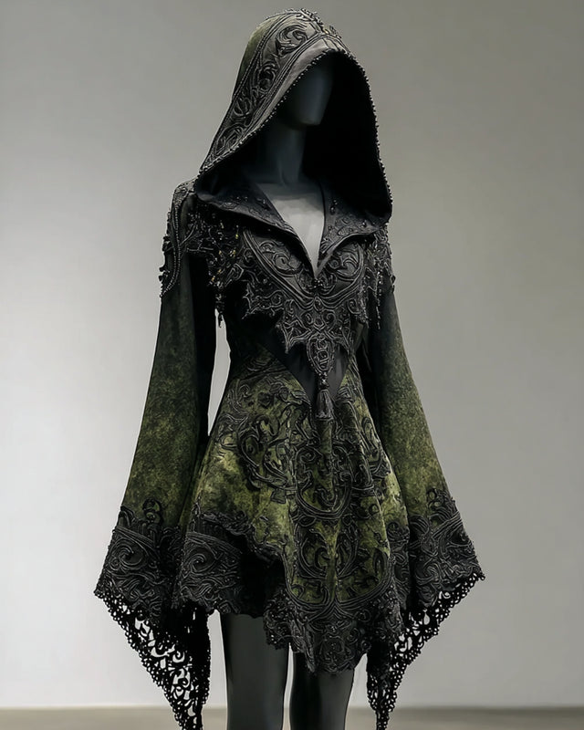 Halloween Gradient Bat Embroidered Lace Patchwork Hooded Evening Dress 7e43