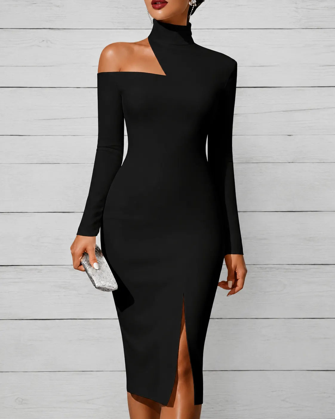Off-the-shoulder High-neck Slim-fit Solid Color Dress Party Dress