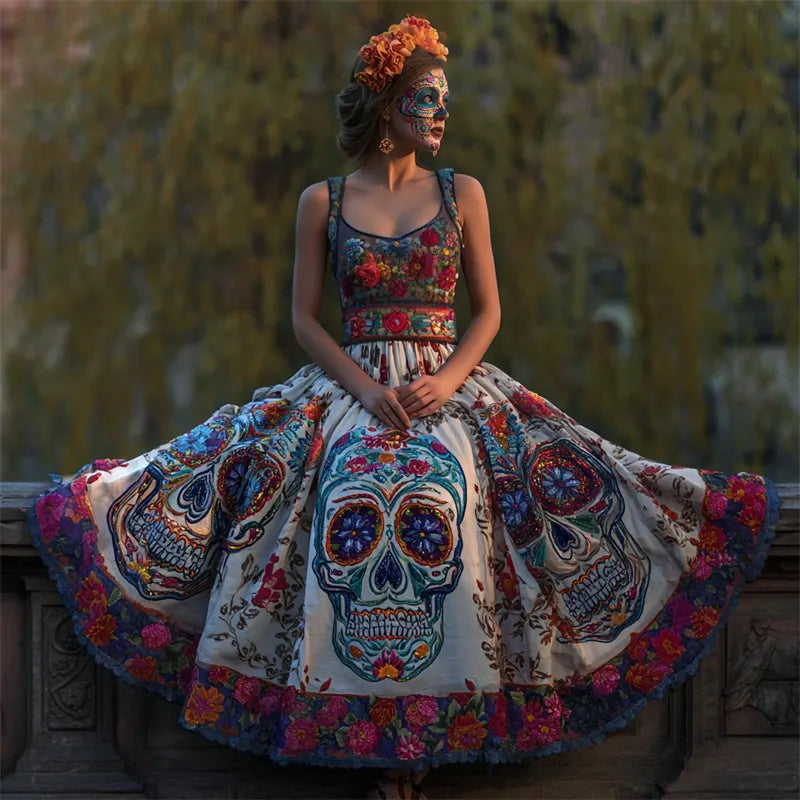 Day Of The Dead Sugar Skulls Floral Embroidered Linen Maxi Evening Dress