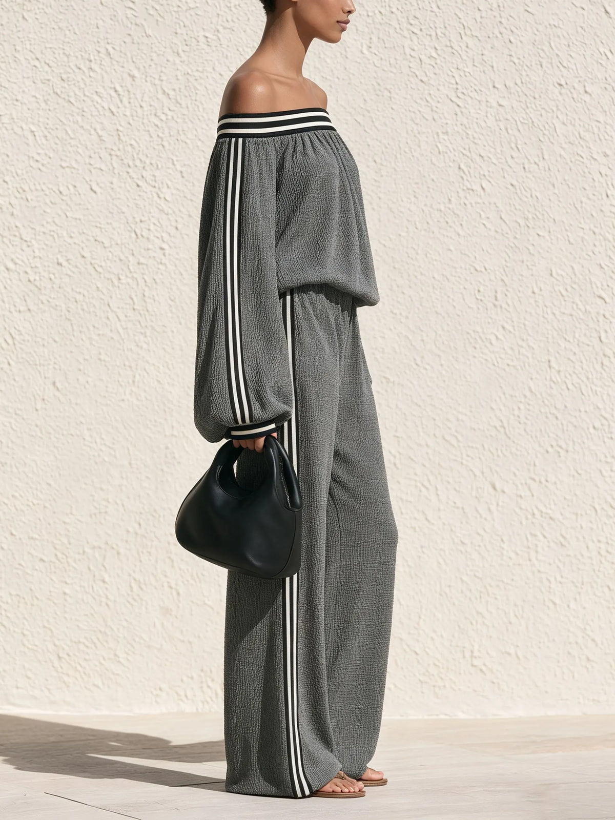 Off‐Shoulder Striped Trim Textured Two‐Piece Pants Set