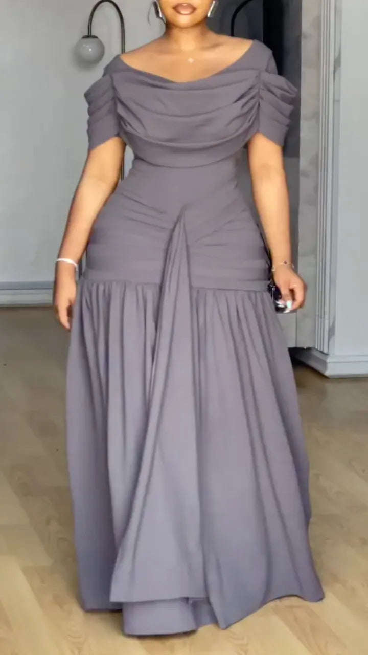 Elegant Draped Off-the-Shoulder Maxi Dress with Ruched Bodice for Formal Events & Evening Wear