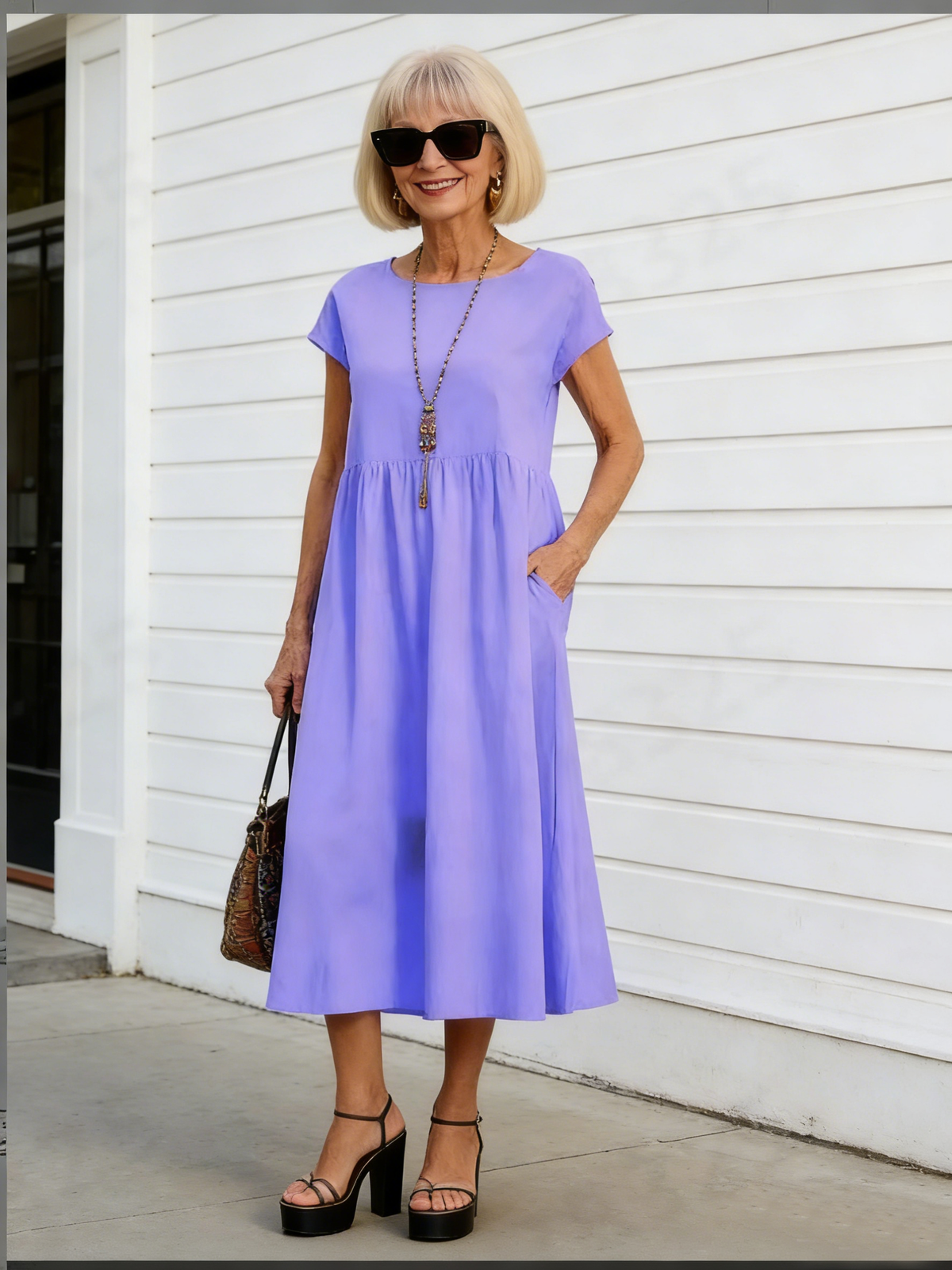 Solid Color Linen Round Neck Fitted Dress