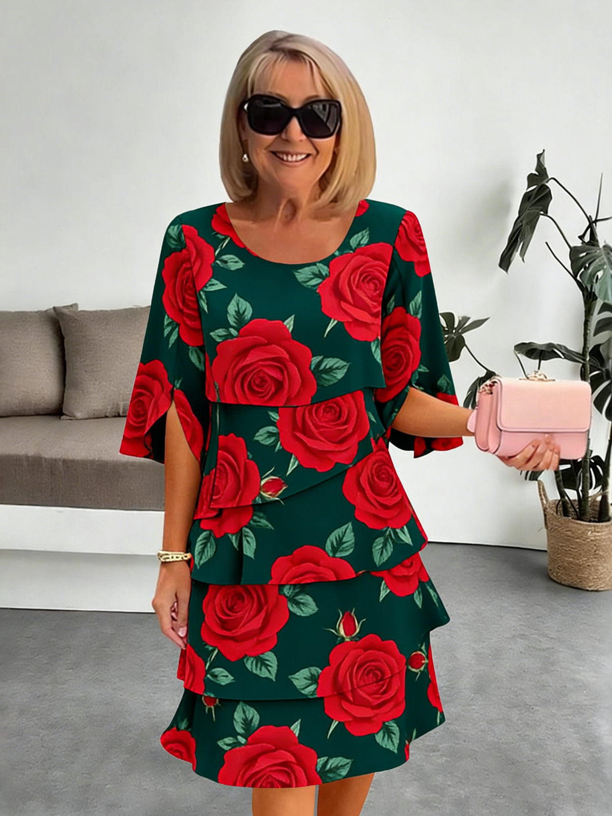 Chiffon Vacation Prints Color Round Neck Cake Skirt Splicing Dress Mid-length