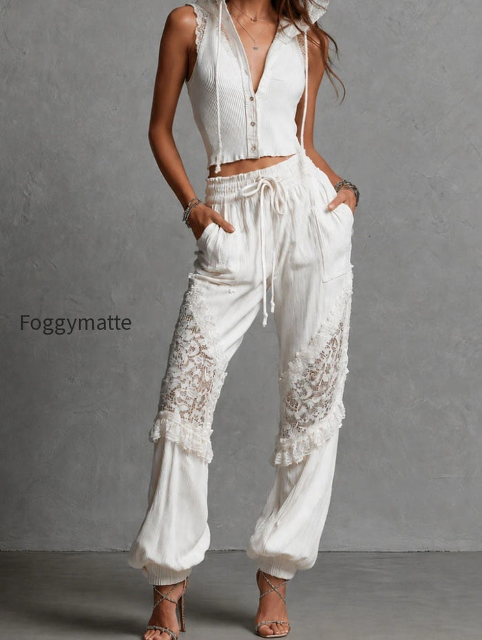 Boho Chic White Lace Panel Knite Hooded Top & Drawstring Pants Set