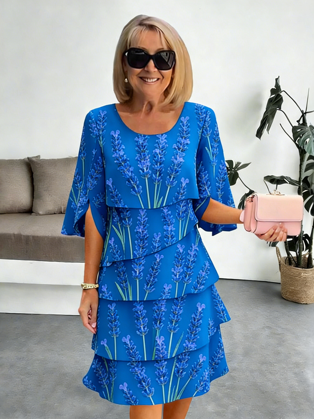 Chiffon Vacation Prints Color Round Neck Cake Skirt Splicing Dress Mid-length