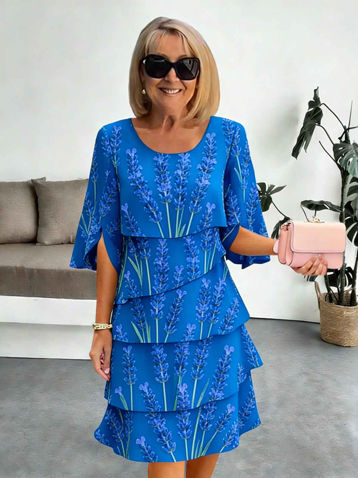 Chiffon Vacation Prints Color Round Neck Cake Skirt Splicing Dress Mid-length